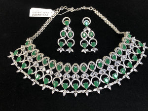 Silver Plate Dark Green CZ Cubic Zirconia Designer Artificial American Diamond Indian Wedding Bridal Necklace Handmade Bijoux