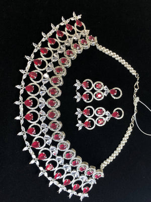 Silver Plated Ruby Red CZ Cubic Zirconia Designer Artificial American Diamond Indian Wedding Bridal Necklace Handmade Bijoux