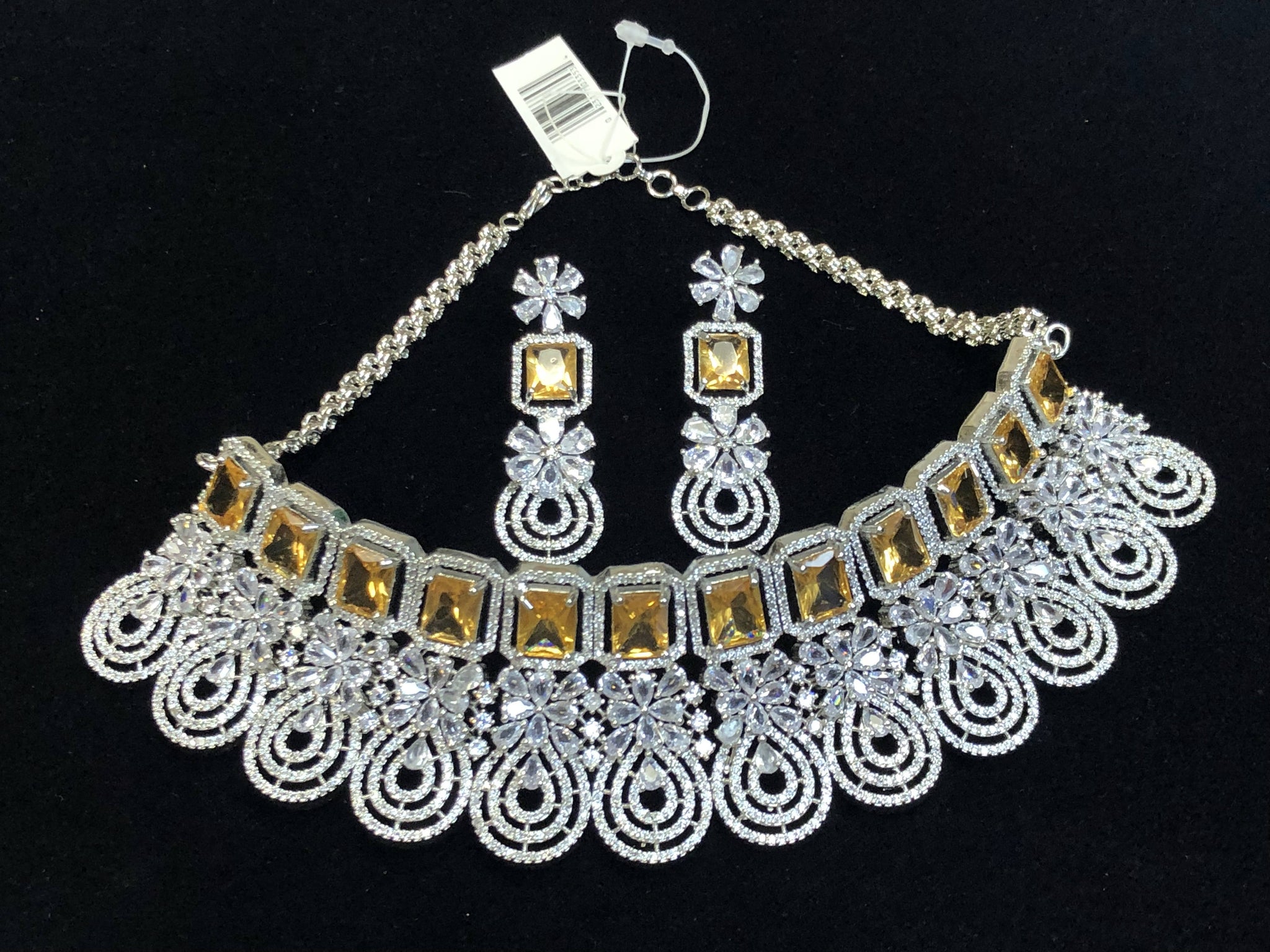 Silver Plated Citrine Yellow CZ Cubic Zirconia Designer Artificial American Diamond Indian Wedding Bridal Necklace Handmade Bijoux