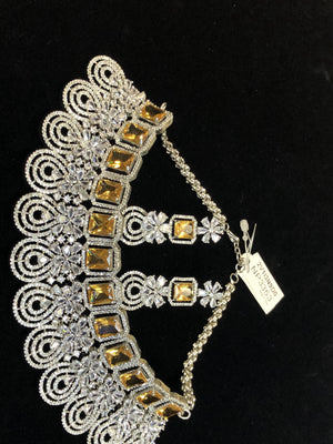 Silver Plated Citrine Yellow CZ Cubic Zirconia Designer Artificial American Diamond Indian Wedding Bridal Necklace Handmade Bijoux