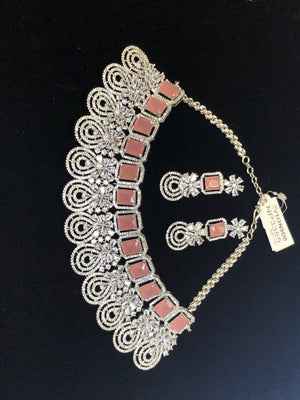 Silver Plated Pink CZ Cubic Zirconia Designer Artificial American Diamond Indian Wedding Bridal Necklace Handmade Bijoux