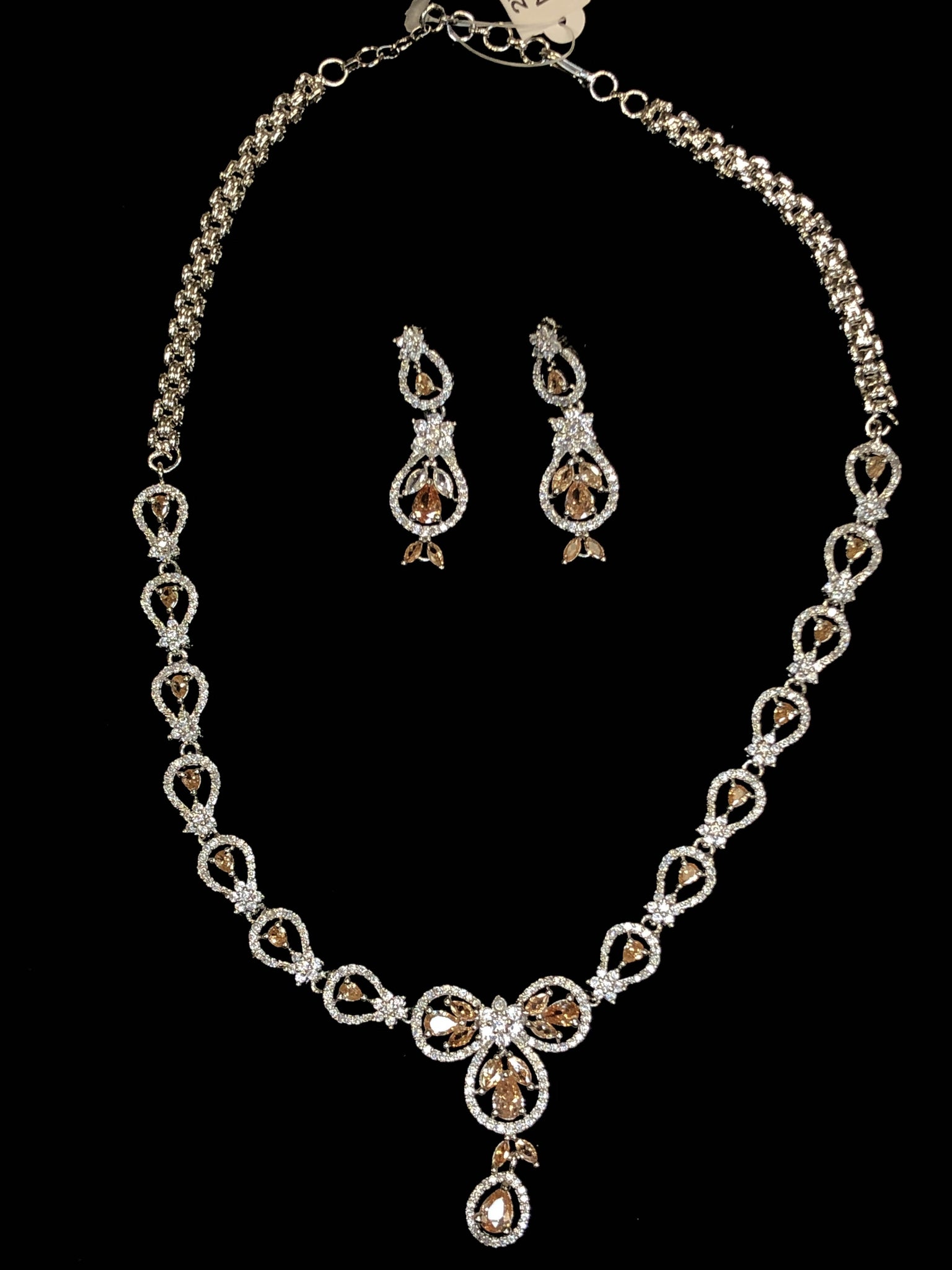 Silver Plated Citrine Champagne Designer CZ Cubic Zirconia American Diamond Indian Wedding Bridal Necklace Earrings Handmade Bijoux