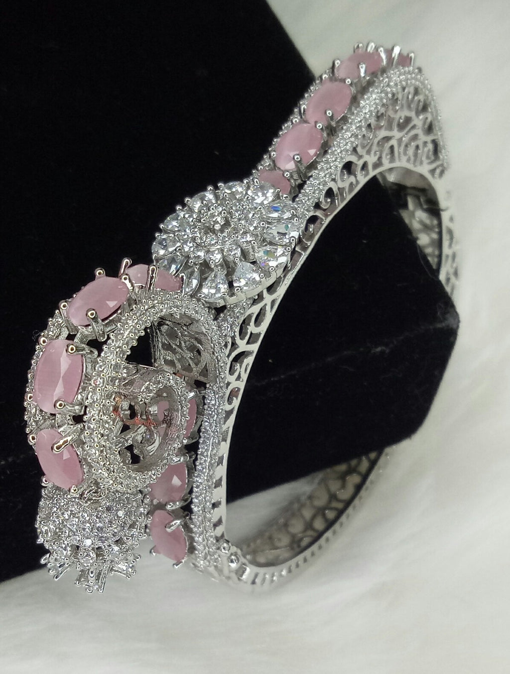 Silver Plated Pink CZ Cubic Zirconia Bangle Size 2.4 Evening Cocktail Imitation Jewelry Indian Wedding Bridal Necklace Set