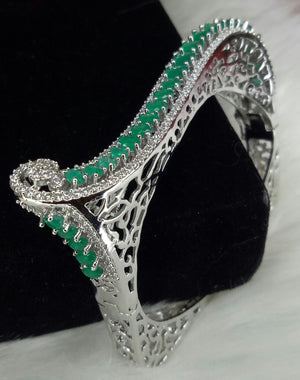  Silver Plated Dark Green CZ Cubic Zirconia Bangle Size 2.4 Evening Cocktail Imitation Jewelry Indian Wedding Bridal Necklace Set
