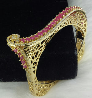  Gold Ruby Red CZ Cubic Zirconia Bangle Size 2.4 in Evening Cocktail Imitation Jewelry Indian Wedding Bridal Necklace Set Bijoux