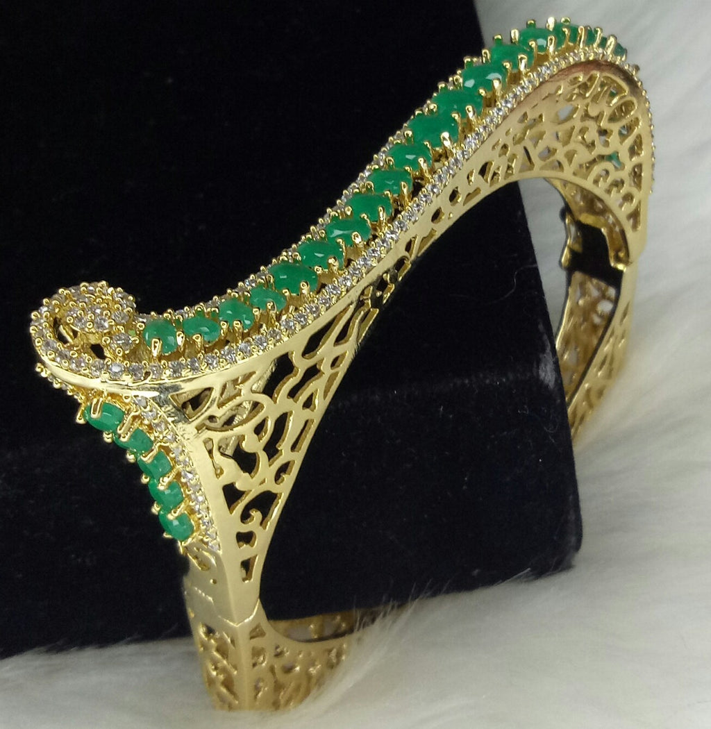 Gold Dark Green CZ Cubic Zirconia Bangle Size 2.4 in Evening Cocktail Imitation Jewelry Indian Wedding Bridal Necklace Set Bijoux