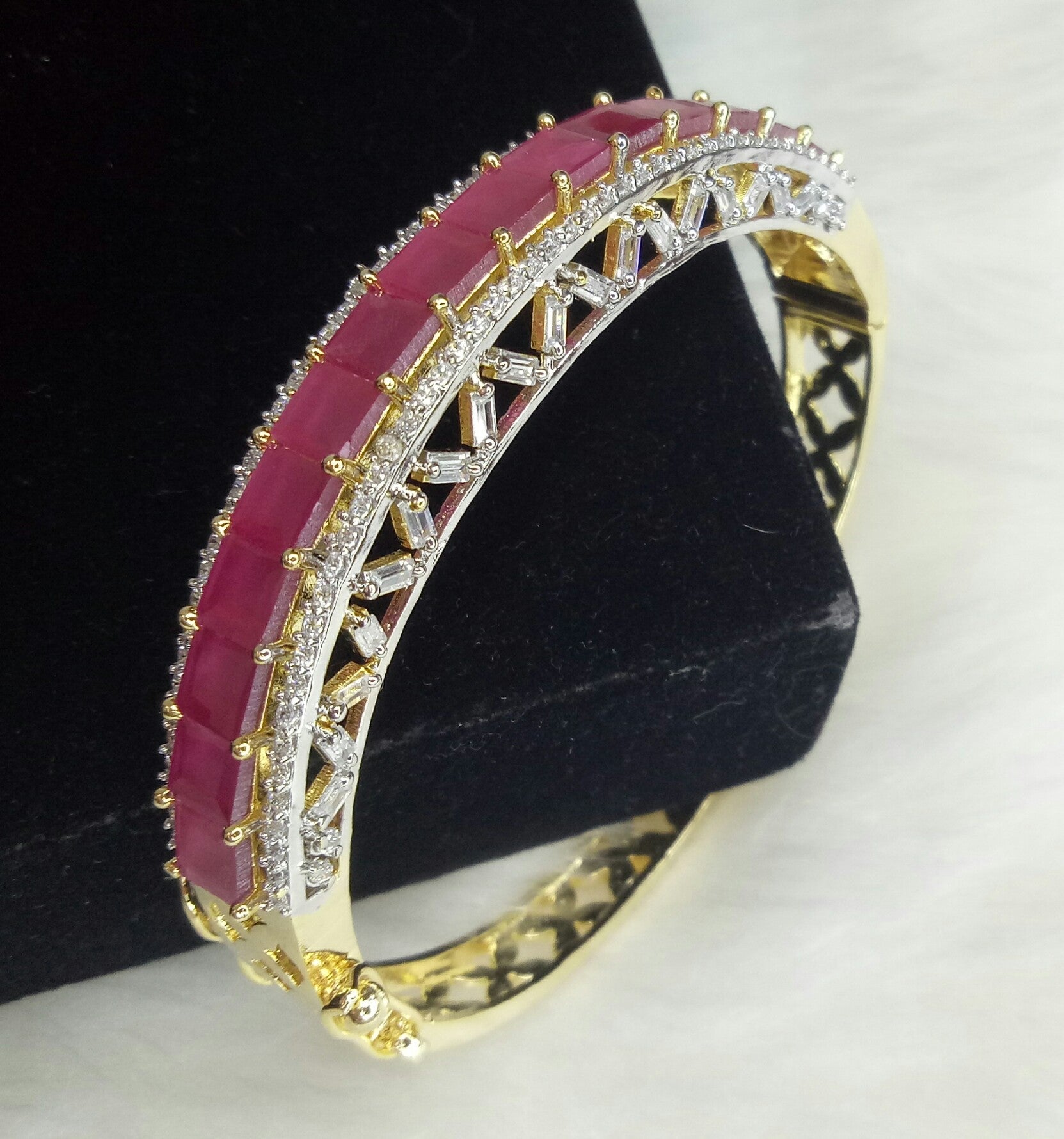 Gold Plated Ruby Red CZ Cubic Zirconia Bangles Size 2.4 Evening Cocktail Imitation Jewelry Indian Wedding Bridal Necklace Set Bijoux