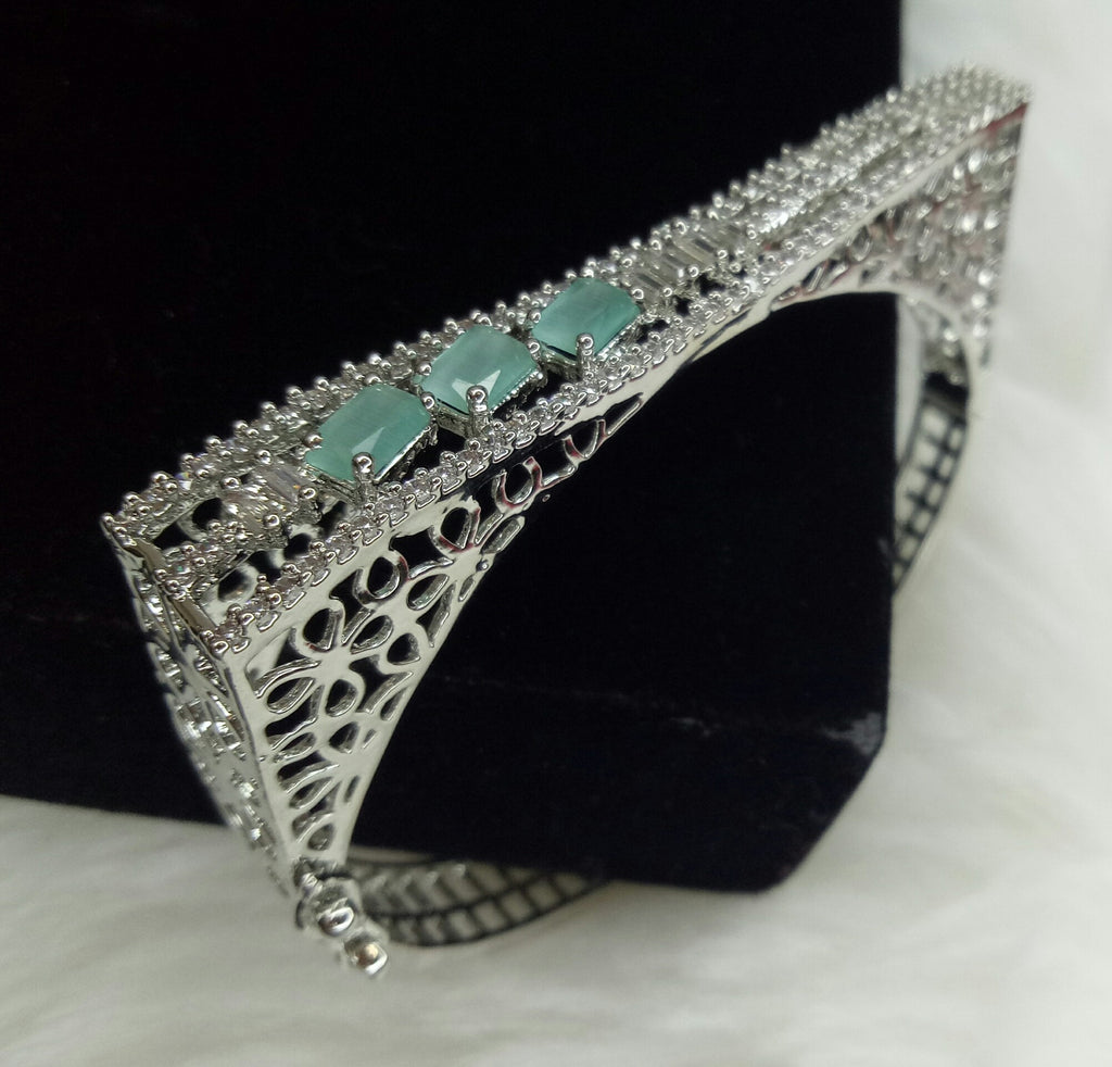 Silver Plated Mint Green CZ Cubic Zirconia Bangle Size 2.4 Evening Cocktail Imitation Jewelry Indian Wedding Bridal Necklace Set