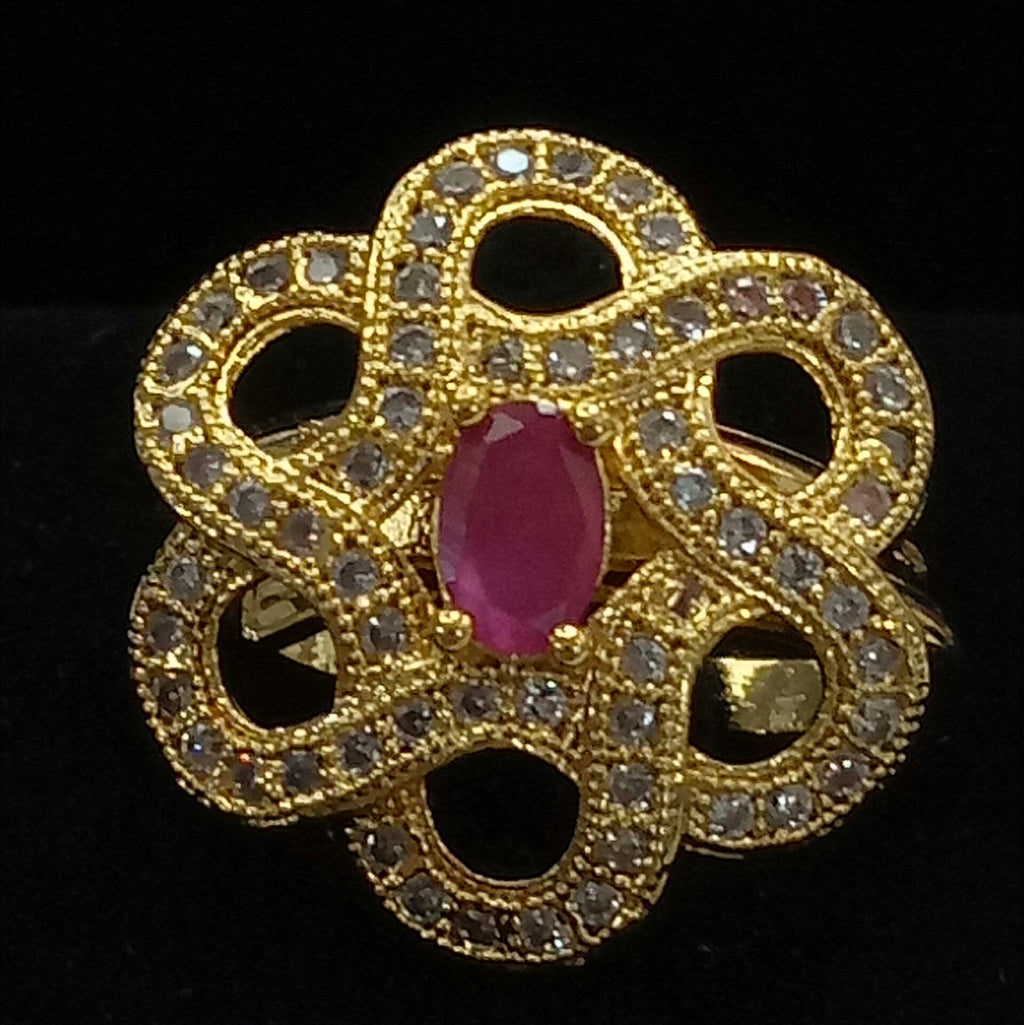 Gold Plated Red Ruby Clear Adjustable CZ Cubic Zirconia Unique Design Shape Imitation Ring Indian Bridal Wedding Bijoux