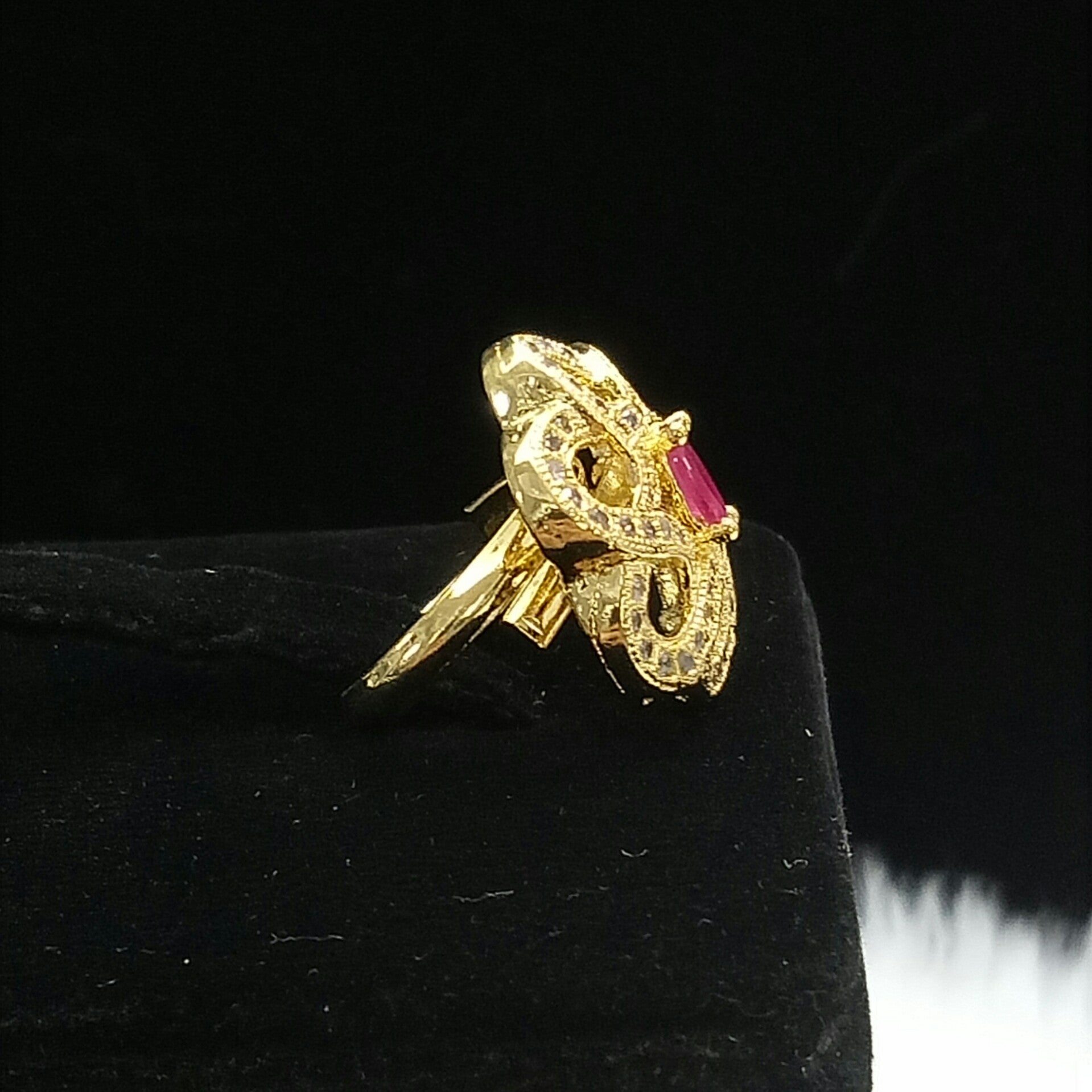 Gold Plated Red Ruby Clear Adjustable CZ Cubic Zirconia Unique Design Shape Imitation Ring Indian Bridal Wedding Bijoux