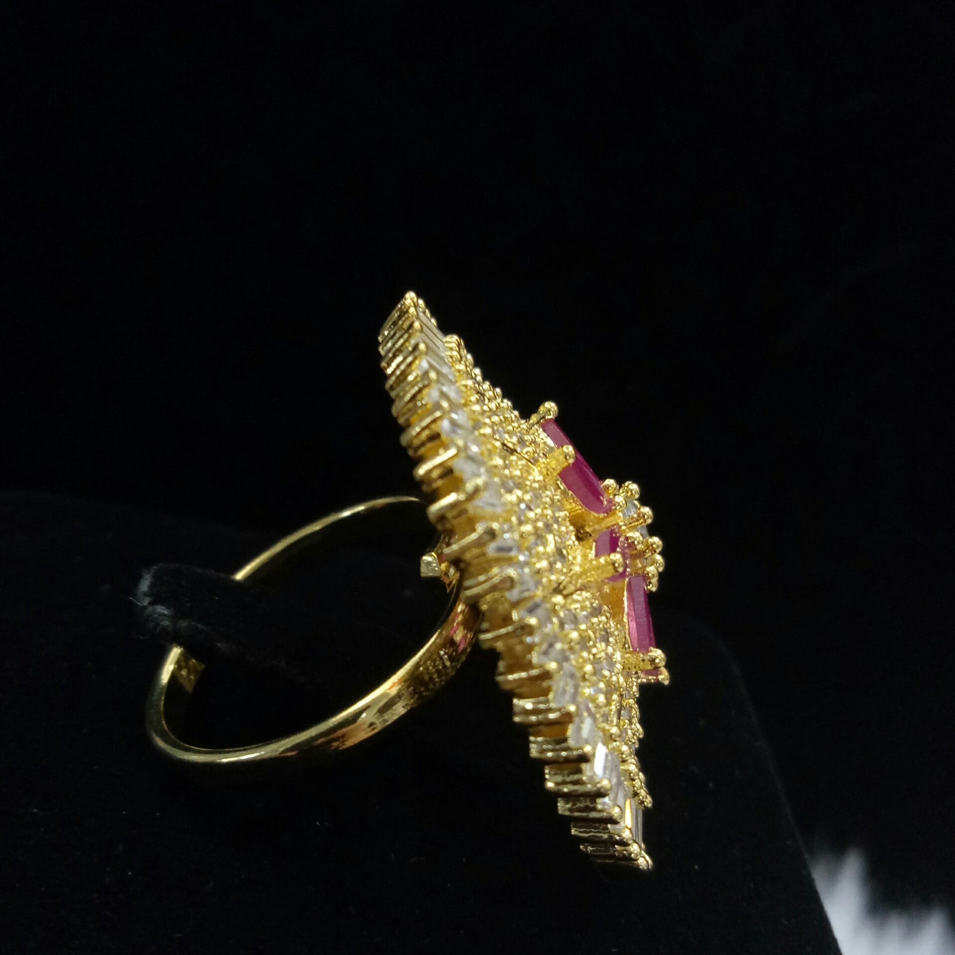  Gold Plated Red Ruby Adjustable CZ Cubic Zirconia Unique Design Shape Imitation Ring Indian Bridal Wedding Bijoux