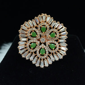  Rose Gold Plated Dark Green Adjustable CZ Cubic Zirconia Unique Design Shape Imitation Ring Indian Bridal Wedding Bijoux