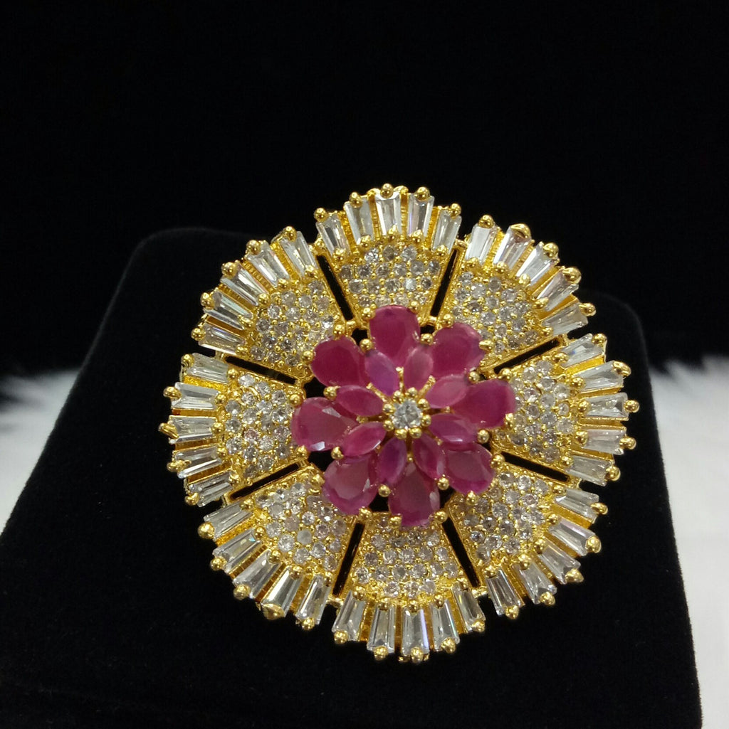Gold Plated Red Ruby Clear Adjustable CZ Cubic Zirconia Unique Design Shape Imitation Ring Indian Bridal Wedding Bijoux