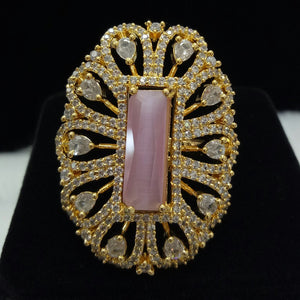 Gold Plated Pink Adjustable CZ Cubic Zirconia Unique Design Shape Imitation Ring Indian Bridal Wedding Bijoux