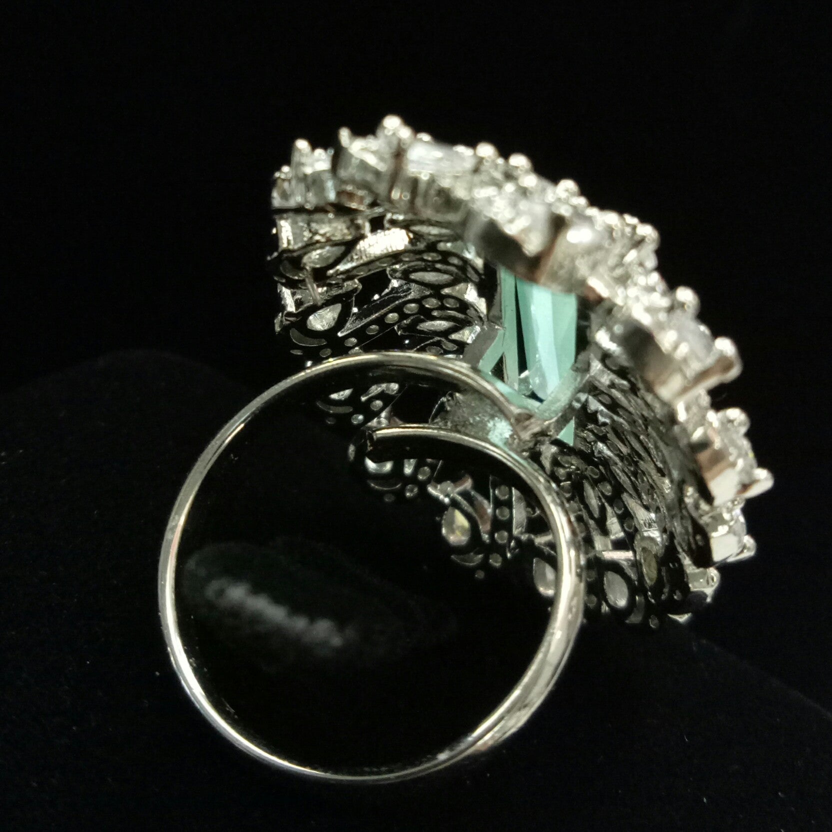 Silver Plated Mint Green Adjustable CZ Cubic Zirconia Unique Design Shape Imitation Ring Indian Bridal Wedding Bijoux