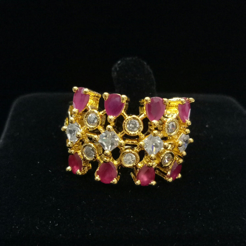  Gold Plated Red Ruby Clear Adjustable CZ Cubic Zirconia Unique Design Shape Imitation Ring Indian Bridal Wedding Bijoux