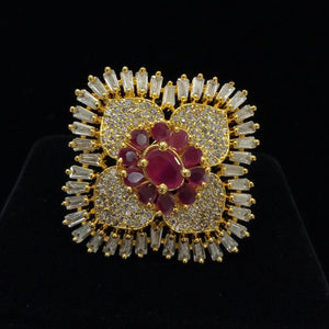 Gold Plated Red Ruby Adjustable CZ Cubic Zirconia Unique Design Shape Imitation Ring Indian Bridal Wedding Bijoux