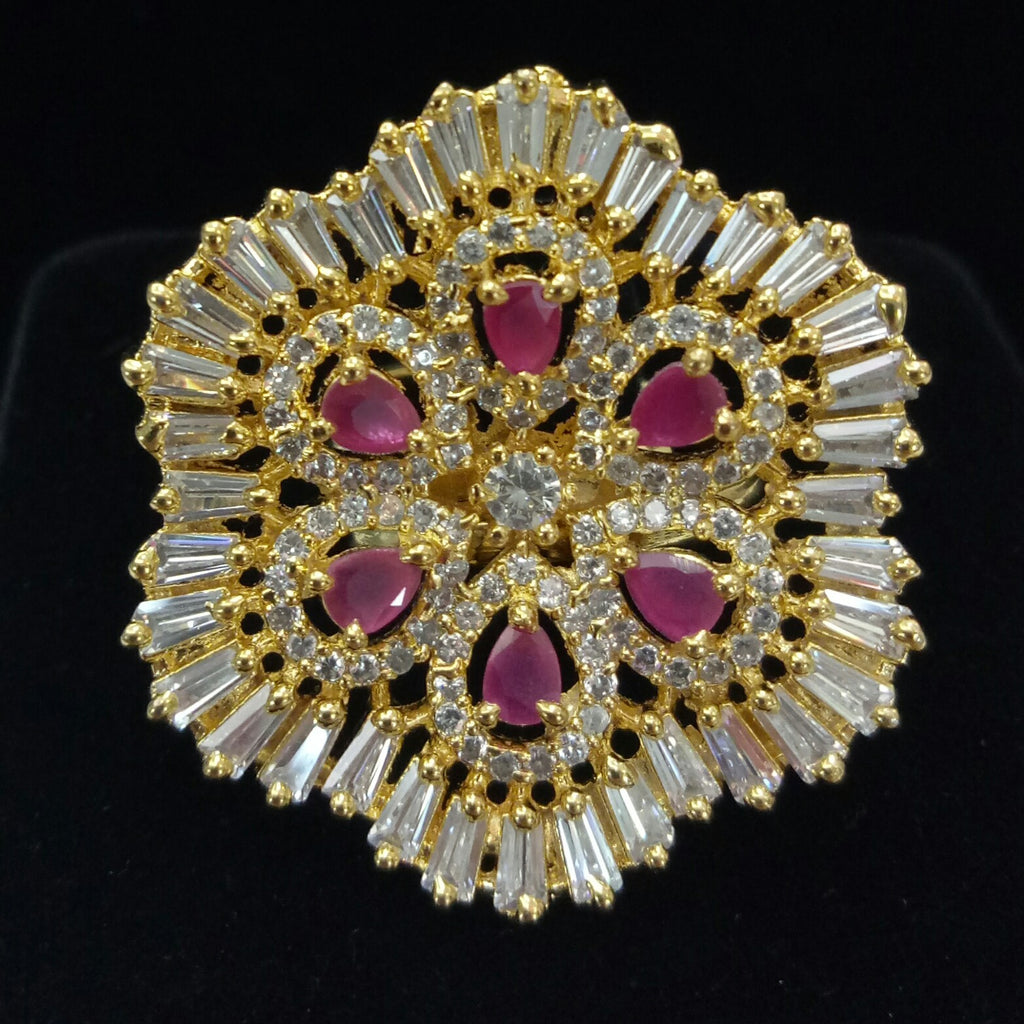 Gold Plated Red Ruby Adjustable CZ Cubic Zirconia Unique Design Shape Imitation Ring Indian Bridal Wedding Bijoux