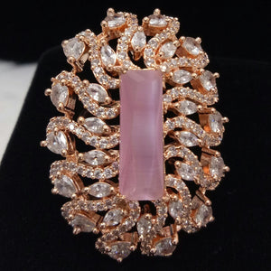  Rose Gold Plated Pink Adjustable CZ Cubic Zirconia Unique Design Shape Imitation Ring Indian Bridal Wedding Bijoux