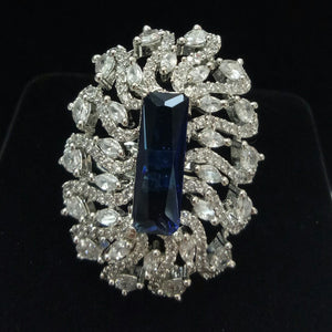  Silver Plated Sapphire Blue Clear Adjustable CZ Cubic Zirconia Unique Design Shape Imitation Ring Indian Bridal Wedding Bijoux