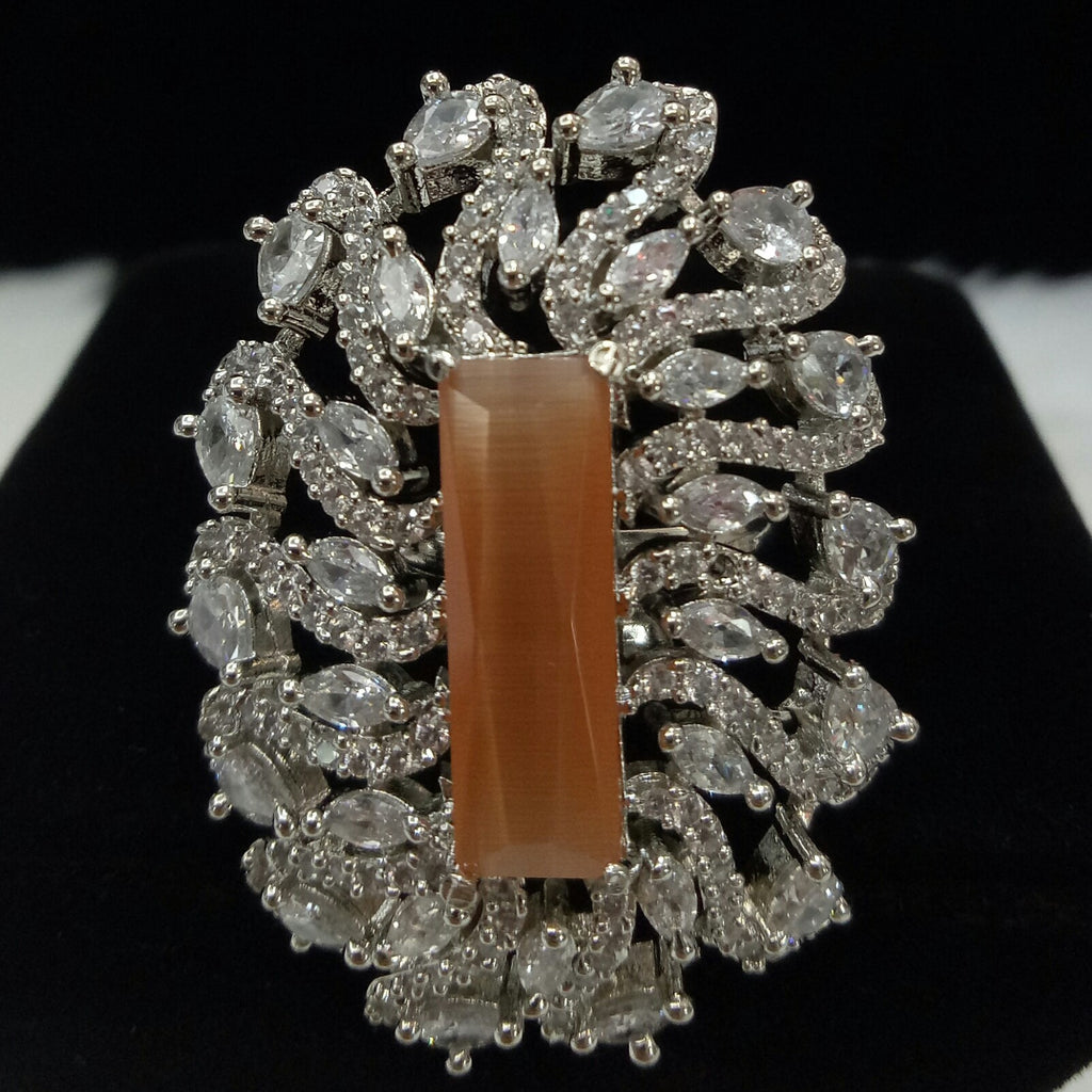  Silver Plated Citrine Champagne Adjustable CZ Cubic Zirconia Unique Design Shape Imitation Ring Indian Bridal Wedding Bijoux