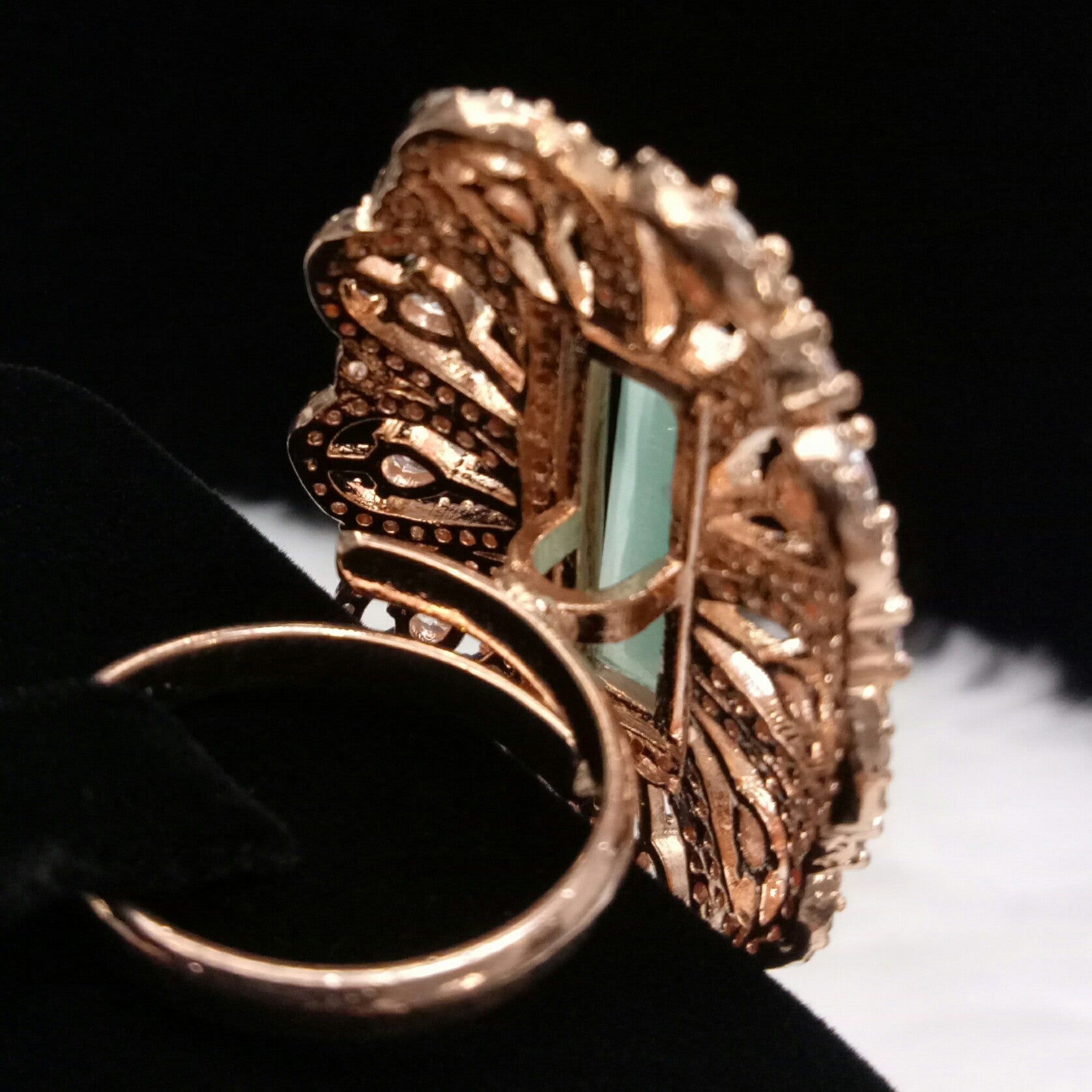 Rose Gold Plated Mint Green Adjustable CZ Cubic Zirconia Unique Design Shape Imitation Ring Indian Bridal Wedding Bijoux