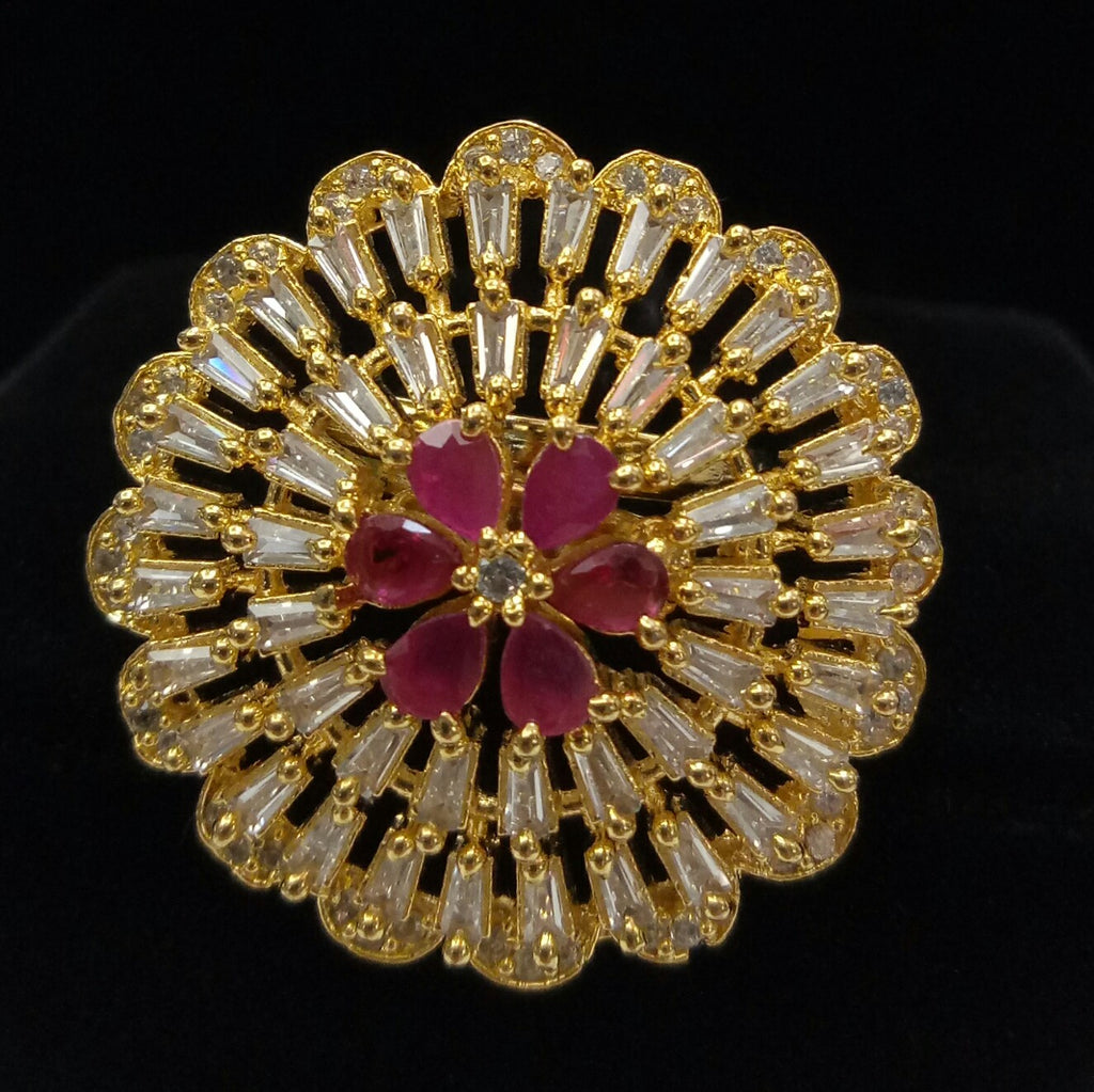  Gold Plated Red Ruby Adjustable CZ Cubic Zirconia Unique Design Shape Imitation Ring Indian Bridal Wedding Bijoux