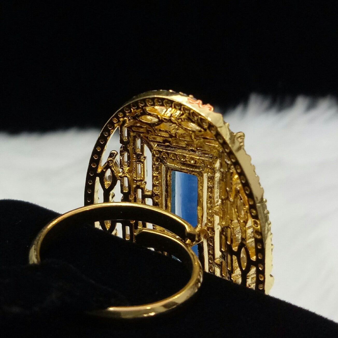  Gold Plated Blue Sapphire Clear Adjustable CZ Cubic Zirconia Unique Design Shape Imitation Ring Indian Bridal Wedding Bijoux