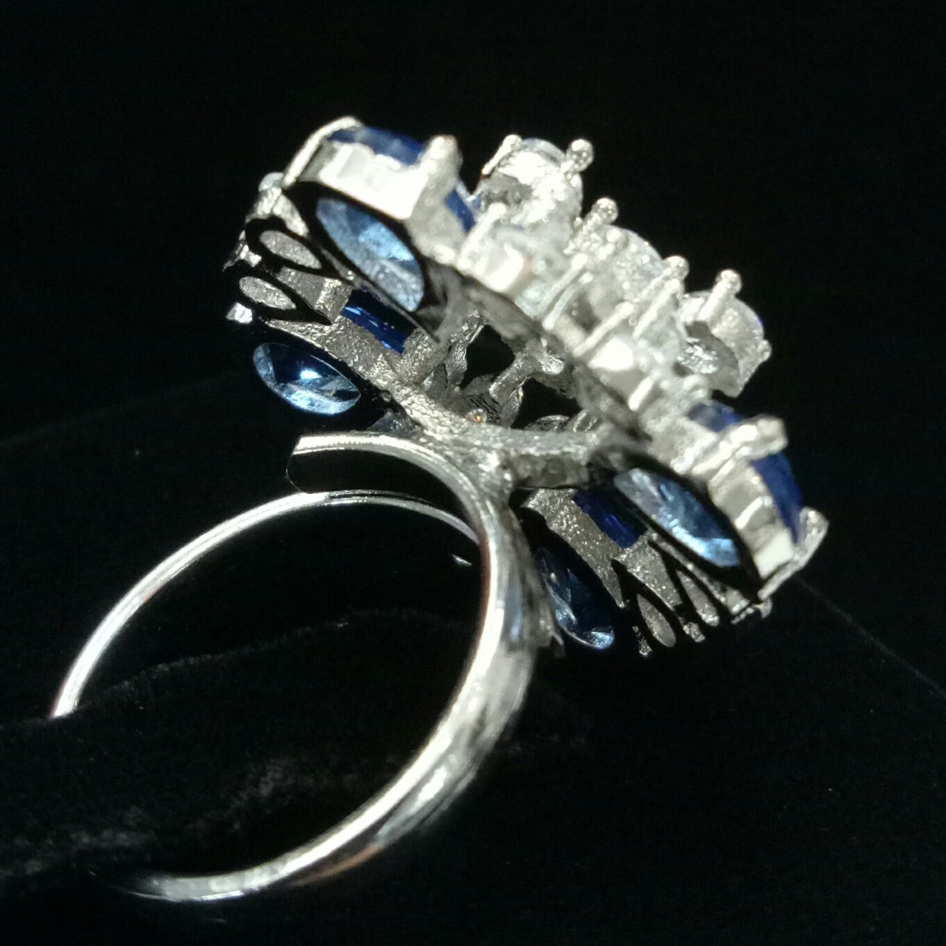  Silver Plated Blue Sapphire Clear Adjustable CZ Cubic Zirconia Unique Design Shape Imitation Ring Indian Bridal Wedding Bijoux