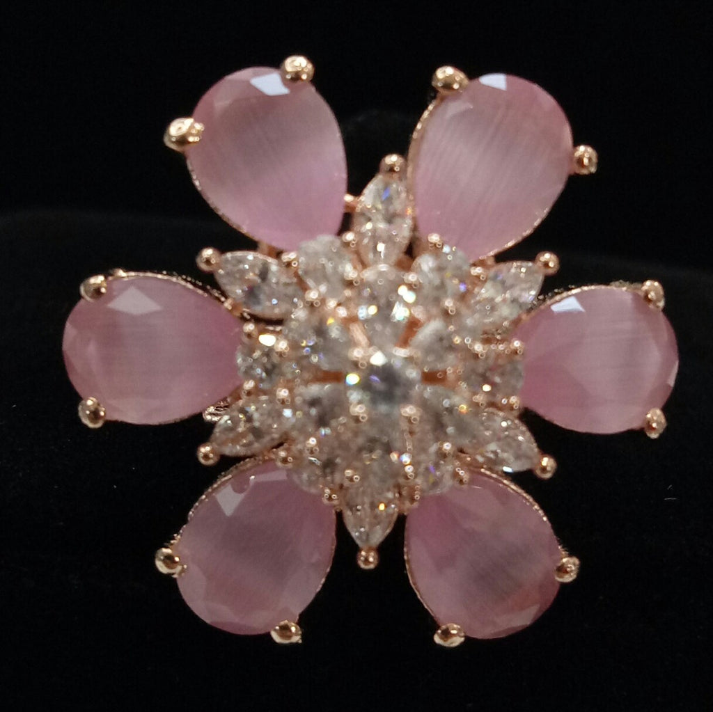  Rose Gold Plated Pink White Adjustable CZ Cubic Zirconia Unique Design Shape Imitation Ring Indian Bridal Wedding Bijoux
