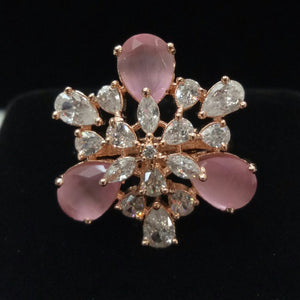 Rose Gold Plated Pink Adjustable CZ Cubic Zirconia Unique Design Shape Imitation Ring Indian Bridal Wedding Bijoux