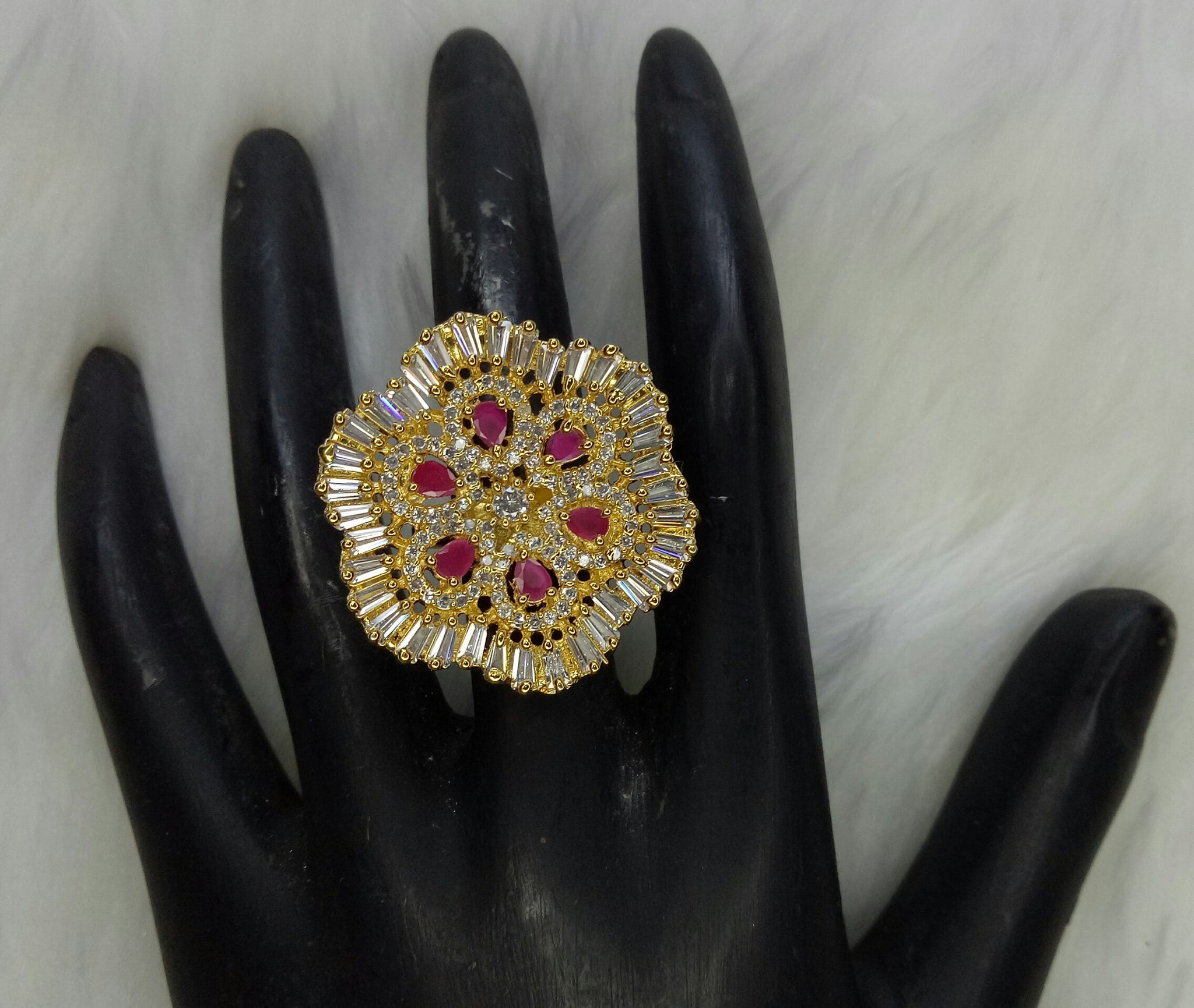Gold Plated Red Ruby Adjustable CZ Cubic Zirconia Unique Design Shape Imitation Ring Indian Bridal Wedding Bijoux