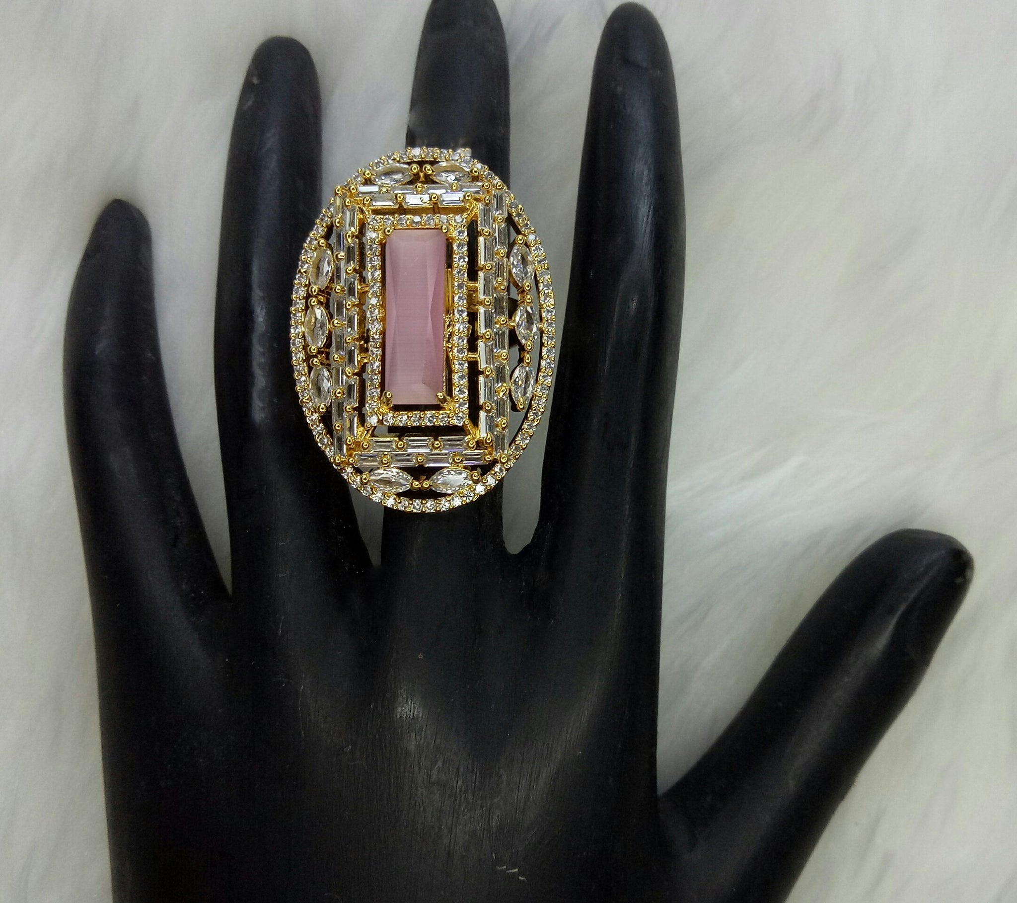 Gold Plated Pink Clear Adjustable CZ Cubic Zirconia Unique Design Shape Imitation Ring Indian Bridal Wedding Bijoux