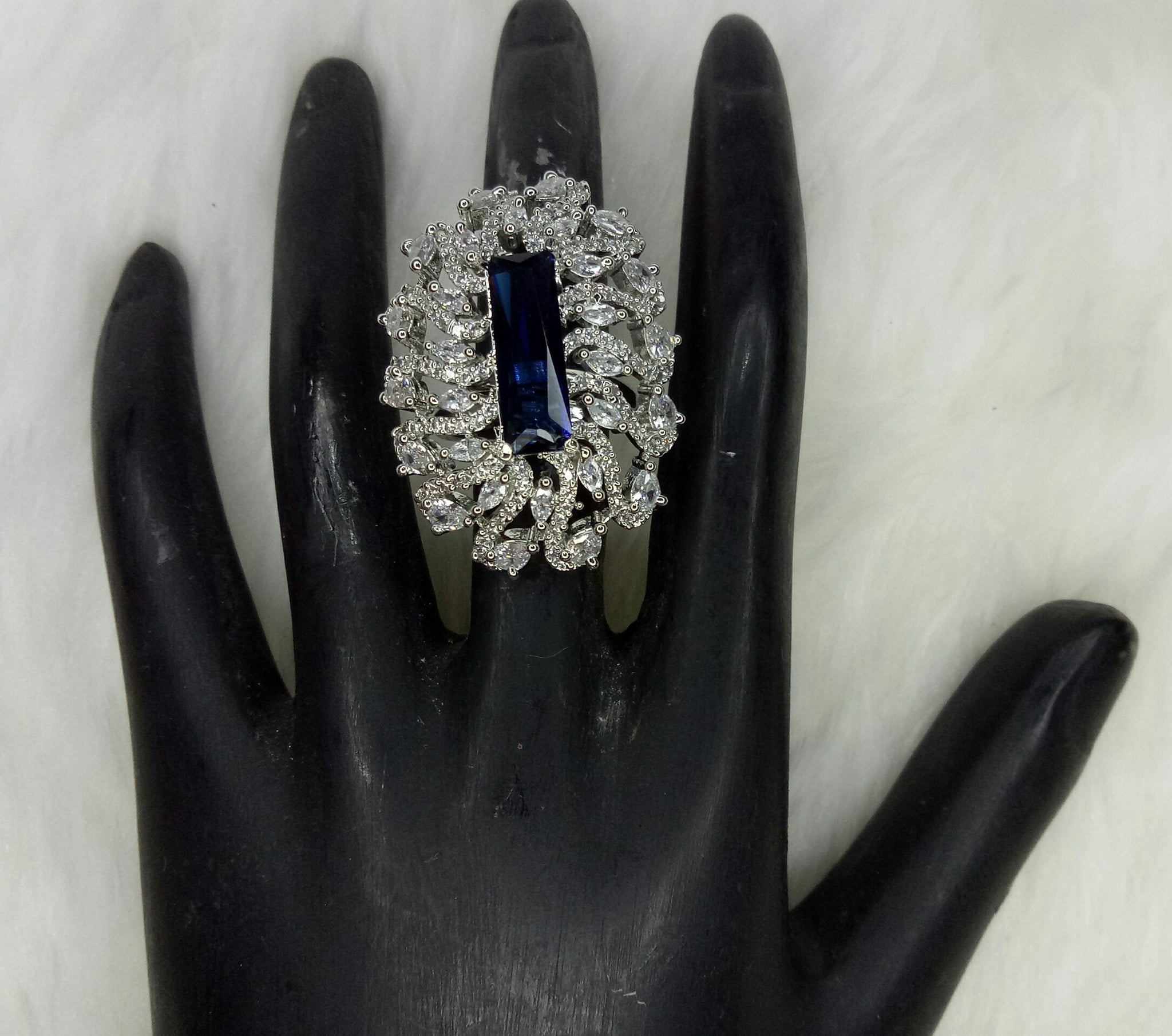  Silver Plated Sapphire Blue Clear Adjustable CZ Cubic Zirconia Unique Design Shape Imitation Ring Indian Bridal Wedding Bijoux