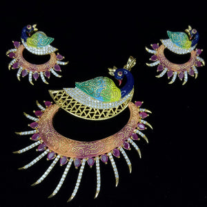 One Gram Gold Plated Peacock Design Tiger Nail royal Imitation pendant earrings Multicolor CZ Cubic Zirconia American Diamond Wedding Bridal Bijoux