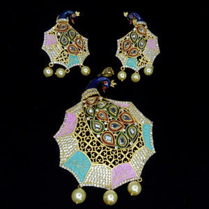 One Gram Gold Plated Peacock Design Tiger Nail royal Imitation pendant earrings Multicolor CZ Cubic Zirconia American Diamond Wedding Bridal Bijoux
