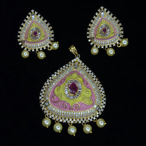 One Gram Gold Plated pearl Design Tiger Nail royal Imitation pendant earrings Multicolor CZ Cubic Zirconia American Diamond Wedding Bridal Bijoux