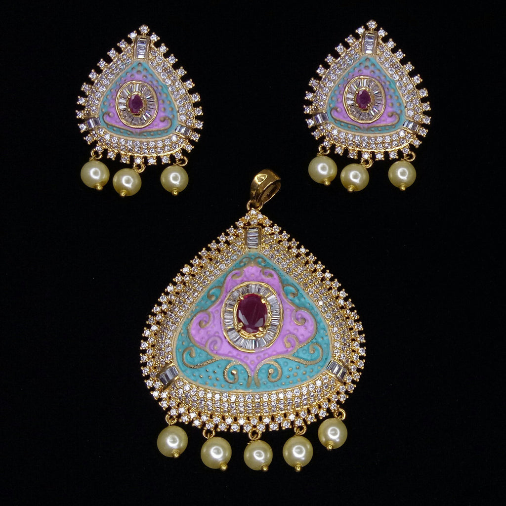 One Gram Gold Plated pearl Design Tiger Nail royal Imitation pendant earrings Multicolor CZ Cubic Zirconia American Diamond Wedding Bridal Bijoux