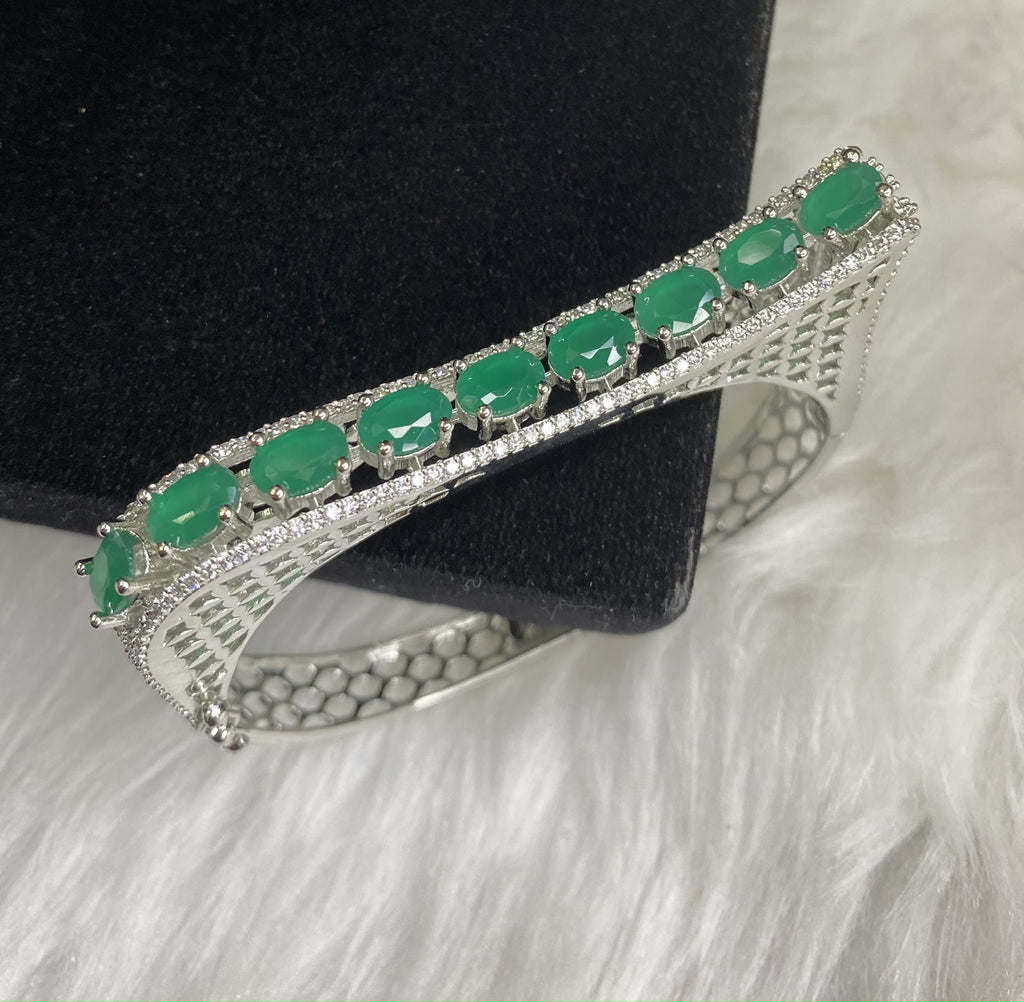 Silver Plated Green Dark Stone Bangle Size 2.4 Openable Evening Cocktail Imitation Jewelry Indian Wedding Bridal Necklace Set Bijoux