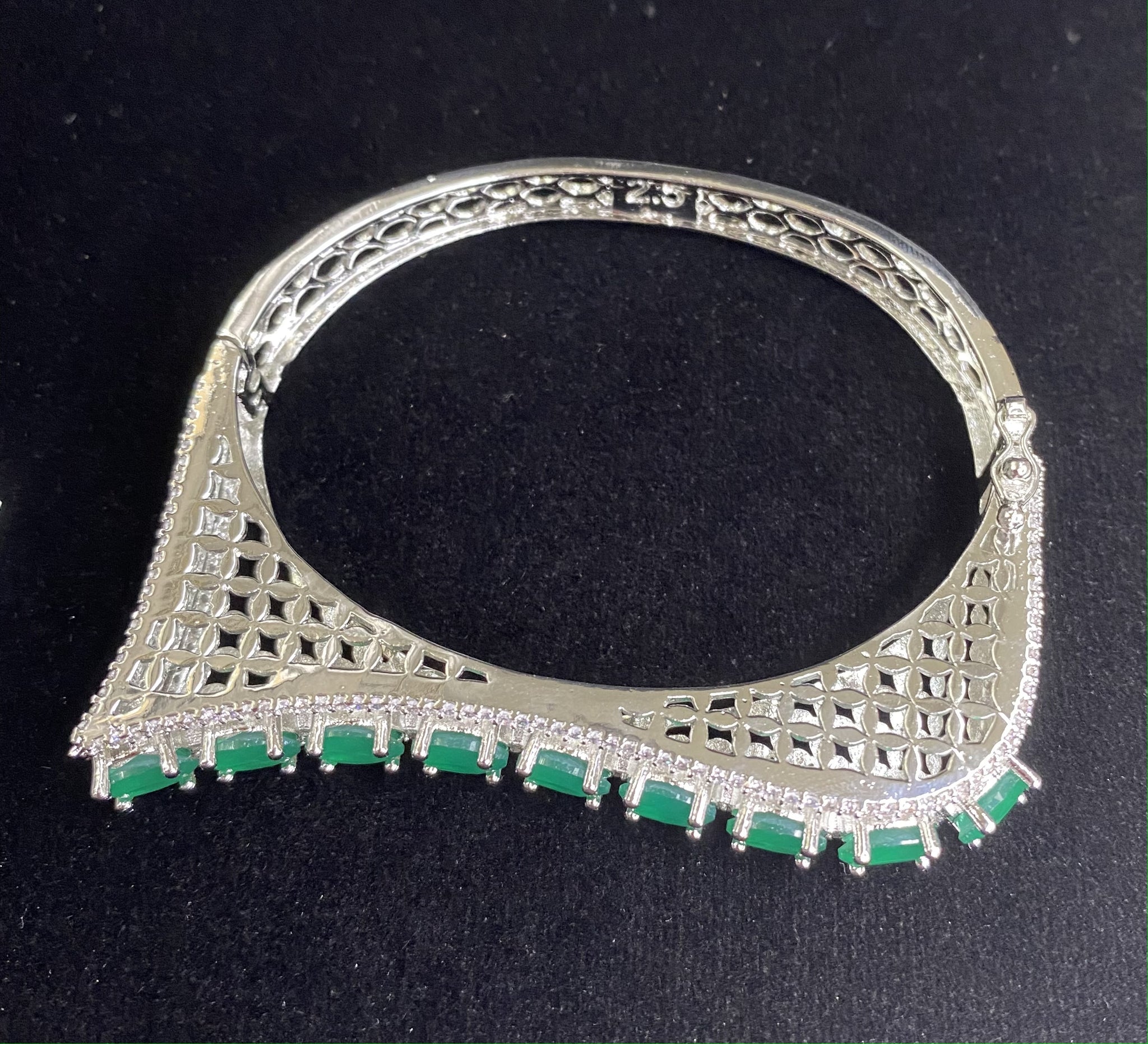 Silver Plated Green Dark Stone Bangle Size 2.4 Openable Evening Cocktail Imitation Jewelry Indian Wedding Bridal Necklace Set Bijoux