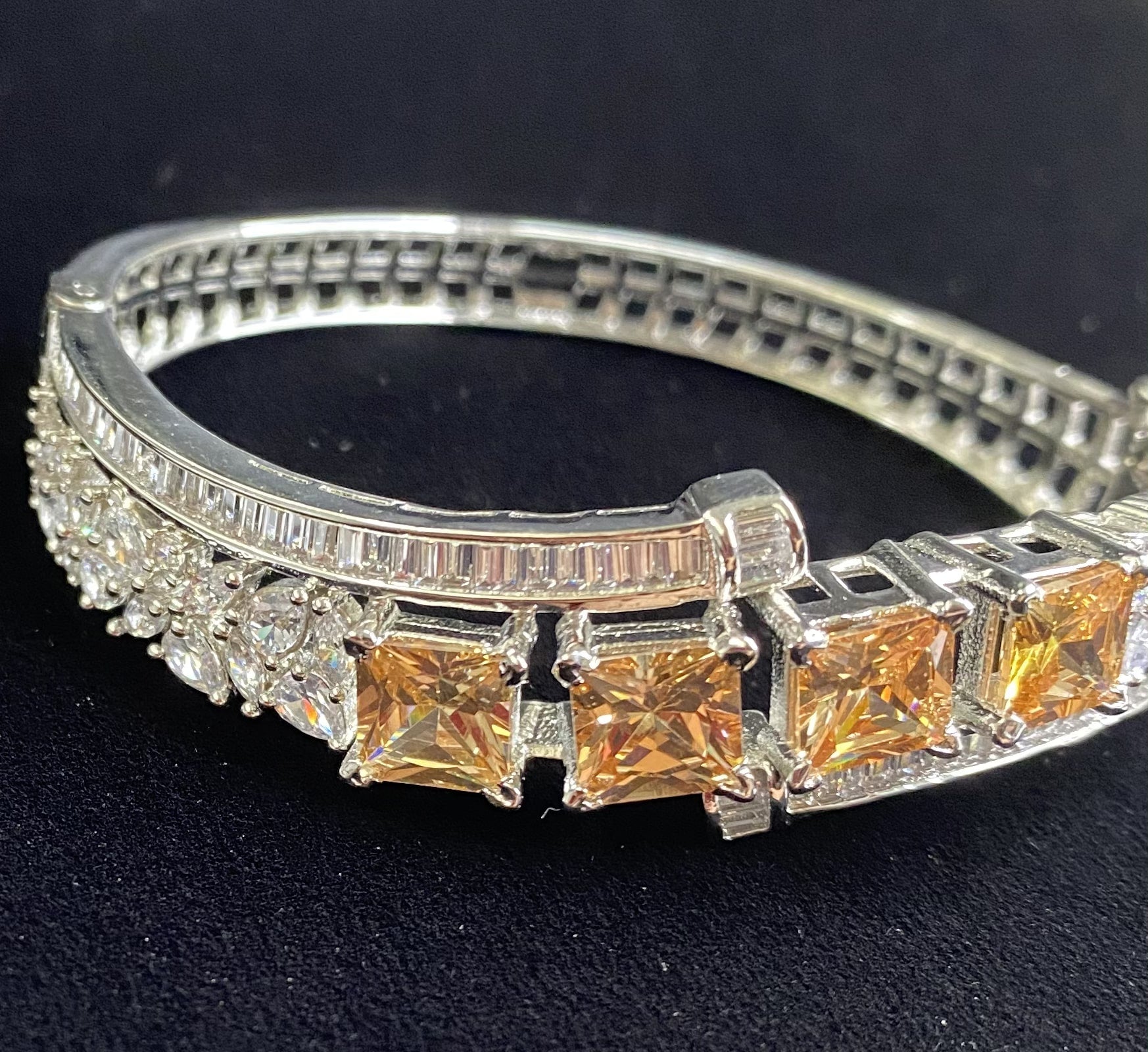  Silver Plated Citrine Champagne Stone Bangle Size 2.2 Openable Evening Cocktail Imitation Jewelry Indian Wedding Bridal Necklace Set Bijoux
