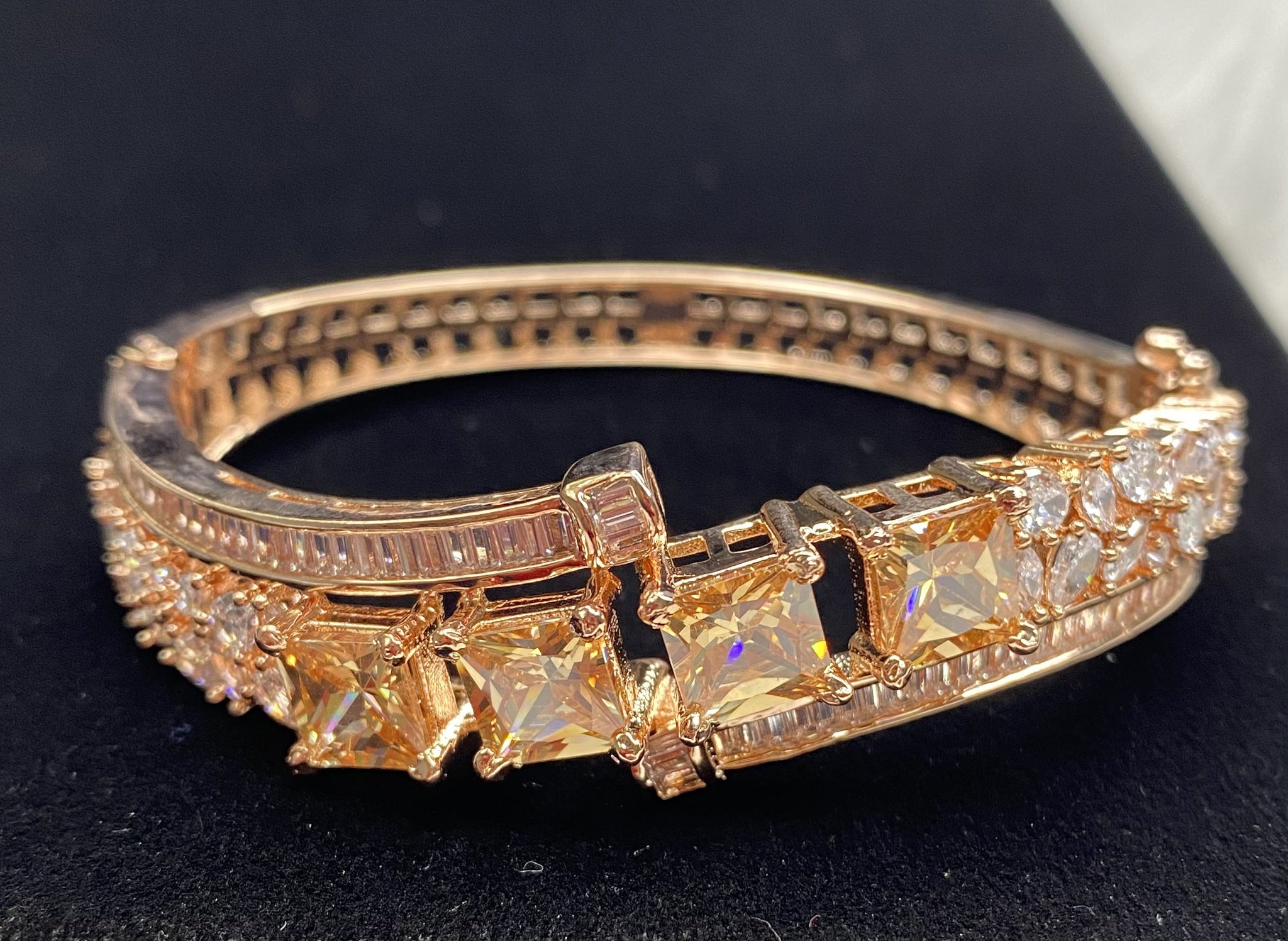  Rose Gold Plated Citrine Champagne Stone Bangle Size 2.2 Openable Evening Cocktail Imitation Jewelry Indian Wedding Bridal Necklace Set Bijoux