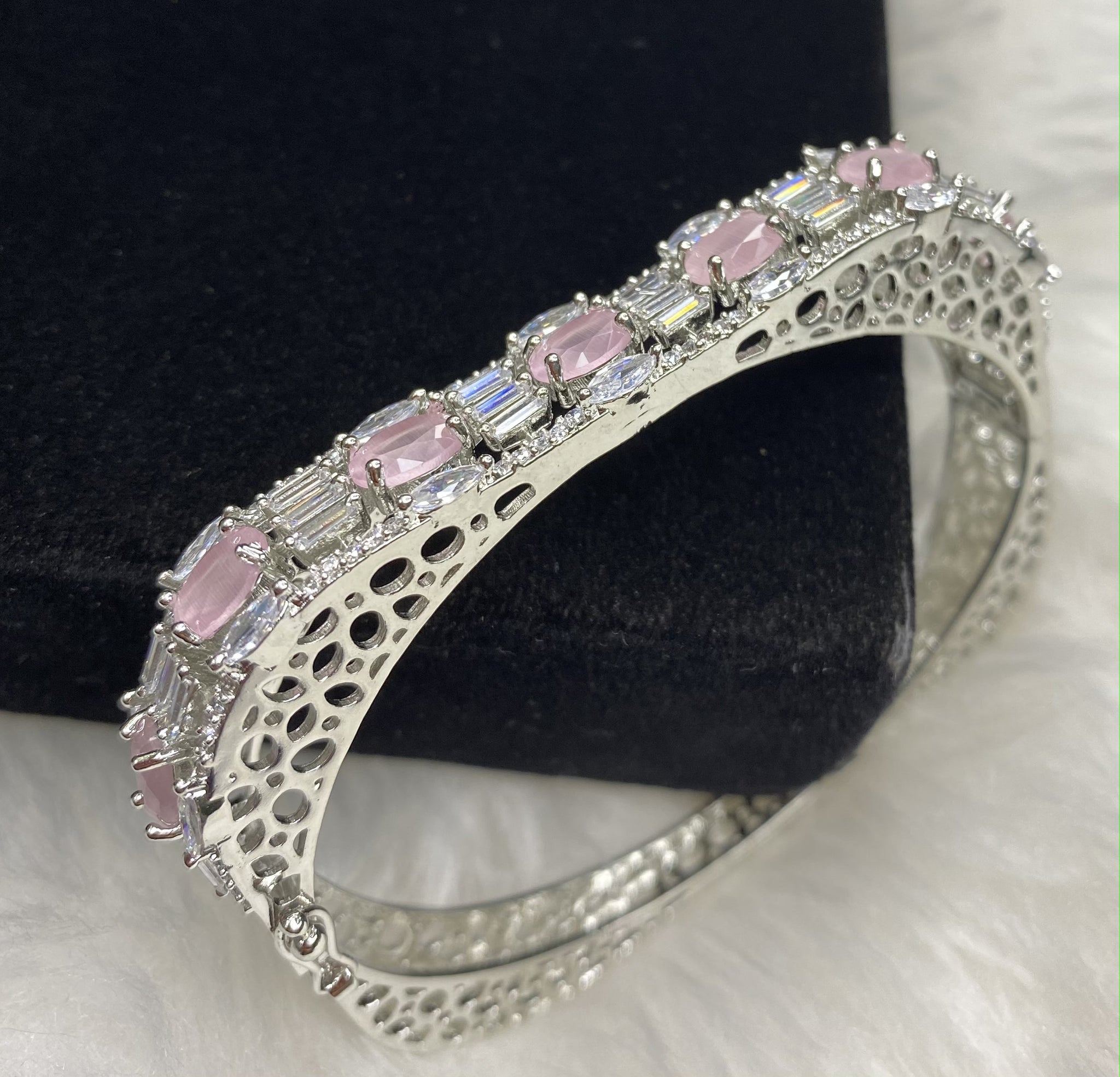 Silver Plated Pink Stone Bangle Size 2.2 Openable Evening Cocktail Imitation Jewelry Indian Wedding Bridal Necklace Set Bijoux