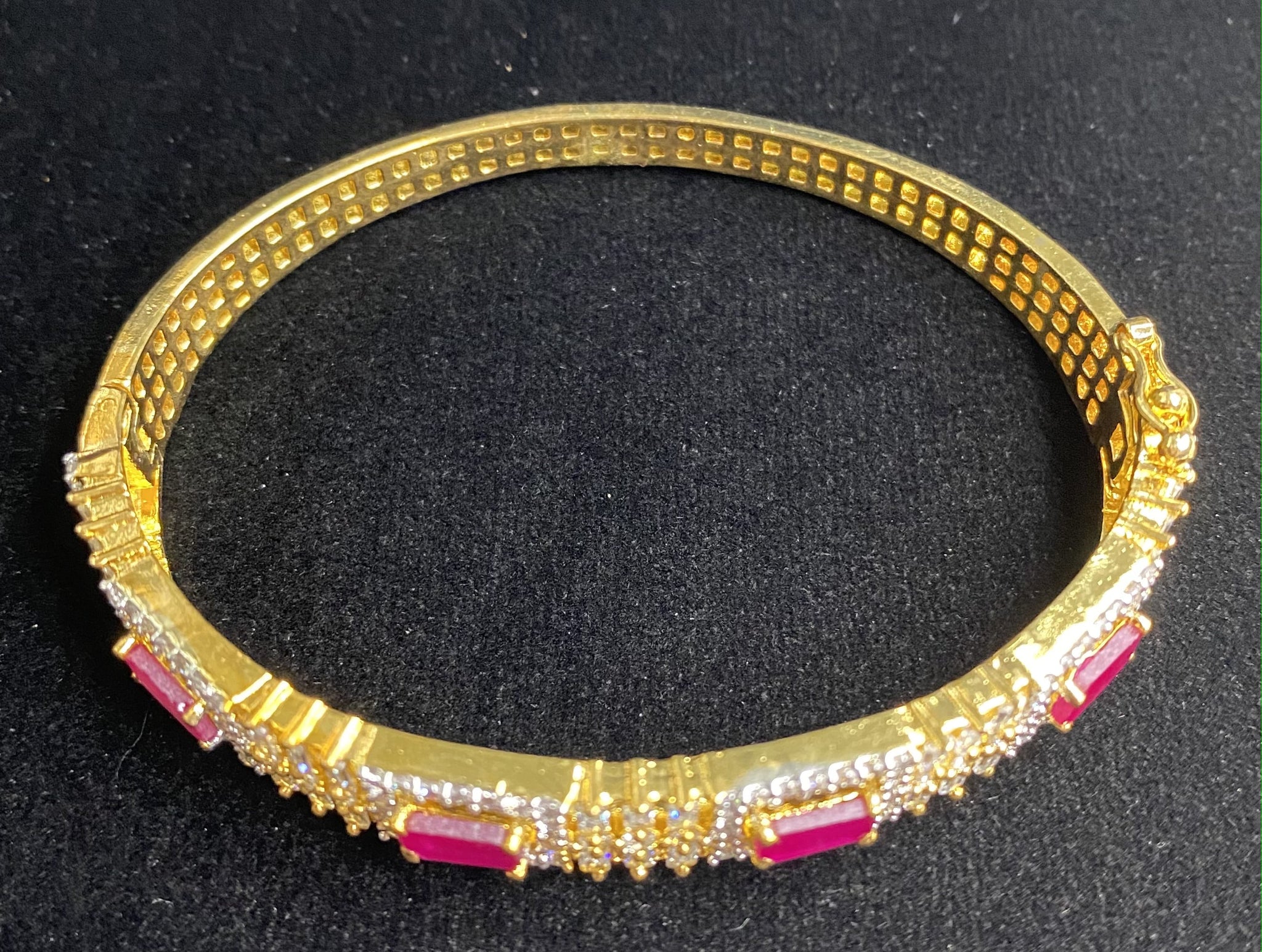 Gold Plated Red Ruby Stone Bangle Size 2.2 Openable Evening Cocktail Imitation Jewelry Indian Wedding Bridal Necklace Set Bijoux