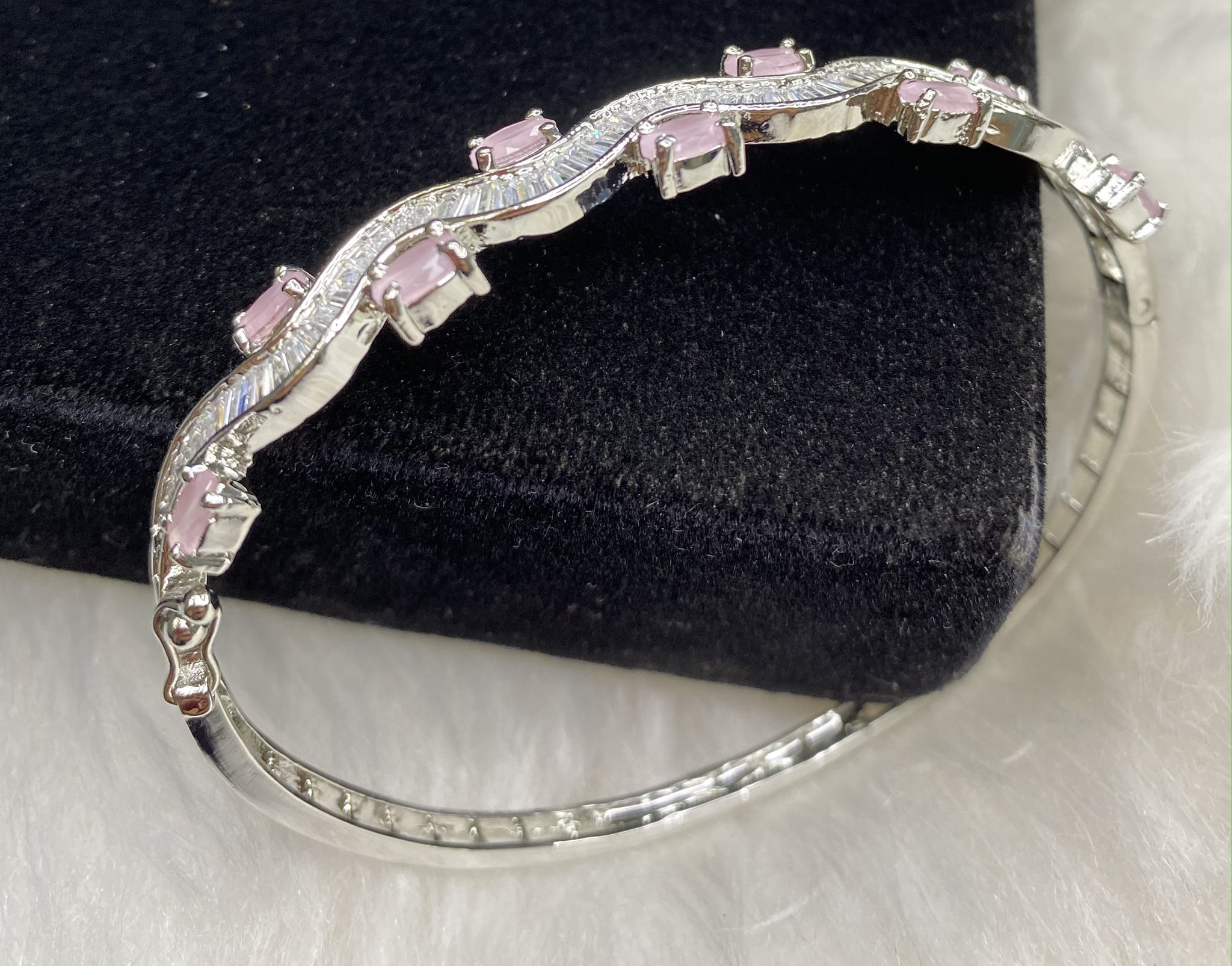 Silver Plated Pink Stone Bangle Size 2.4 Openable Evening Cocktail Imitation Jewelry Indian Wedding Bridal Necklace Set Bijoux