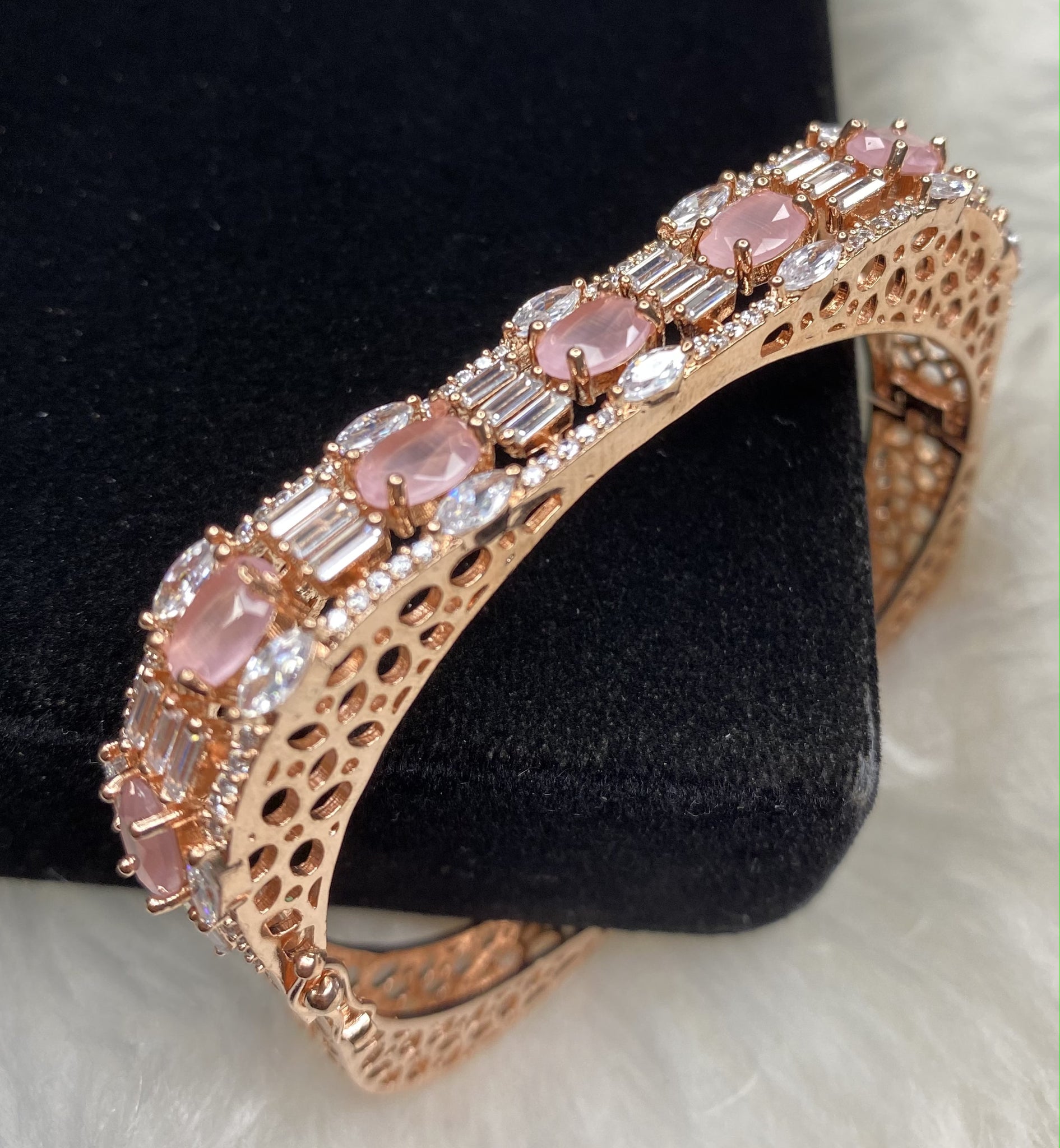 Rose Gold Plated Pink Stone Bangle Size 2.2 Openable Evening Cocktail Imitation Jewelry Indian Wedding Bridal Necklace Set Bijoux