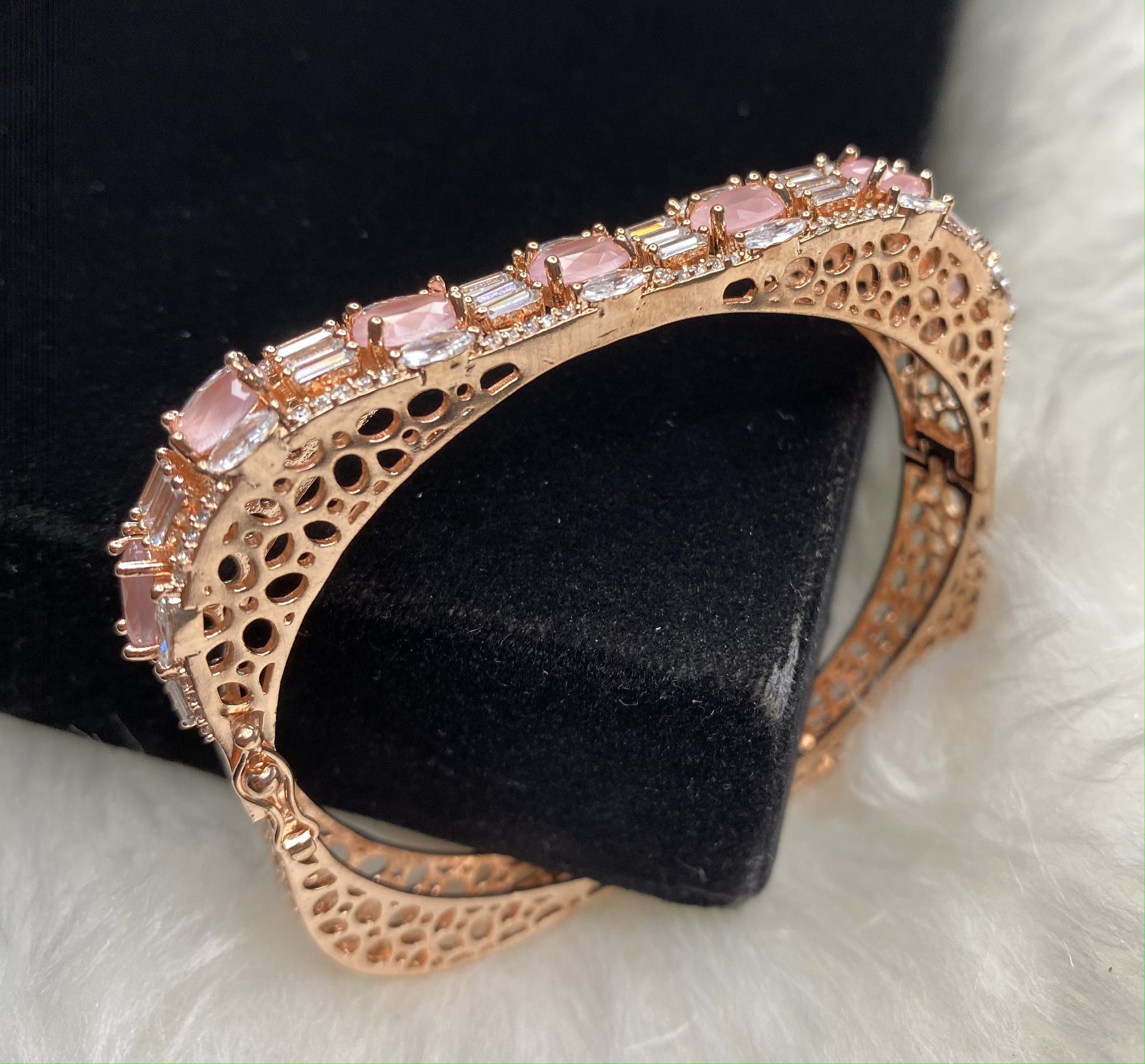 Rose Gold Plated Pink Stone Bangle Size 2.2 Openable Evening Cocktail Imitation Jewelry Indian Wedding Bridal Necklace Set Bijoux