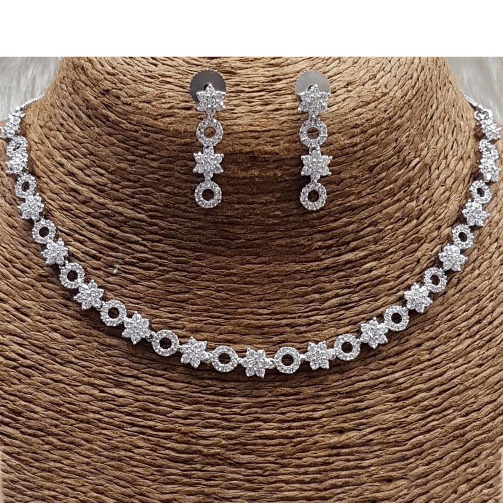 Silver Plated Clear Designer CZ Cubic Zirconia Artificial American Diamond Indian Wedding Bridal Necklace Earrings Handmade Bijoux