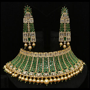 Gold Plated Dark Green designer CZ Cubic Zirconia Artificial American Diamond Indian Wedding Bridal Necklace Earring Handmade Bijoux
