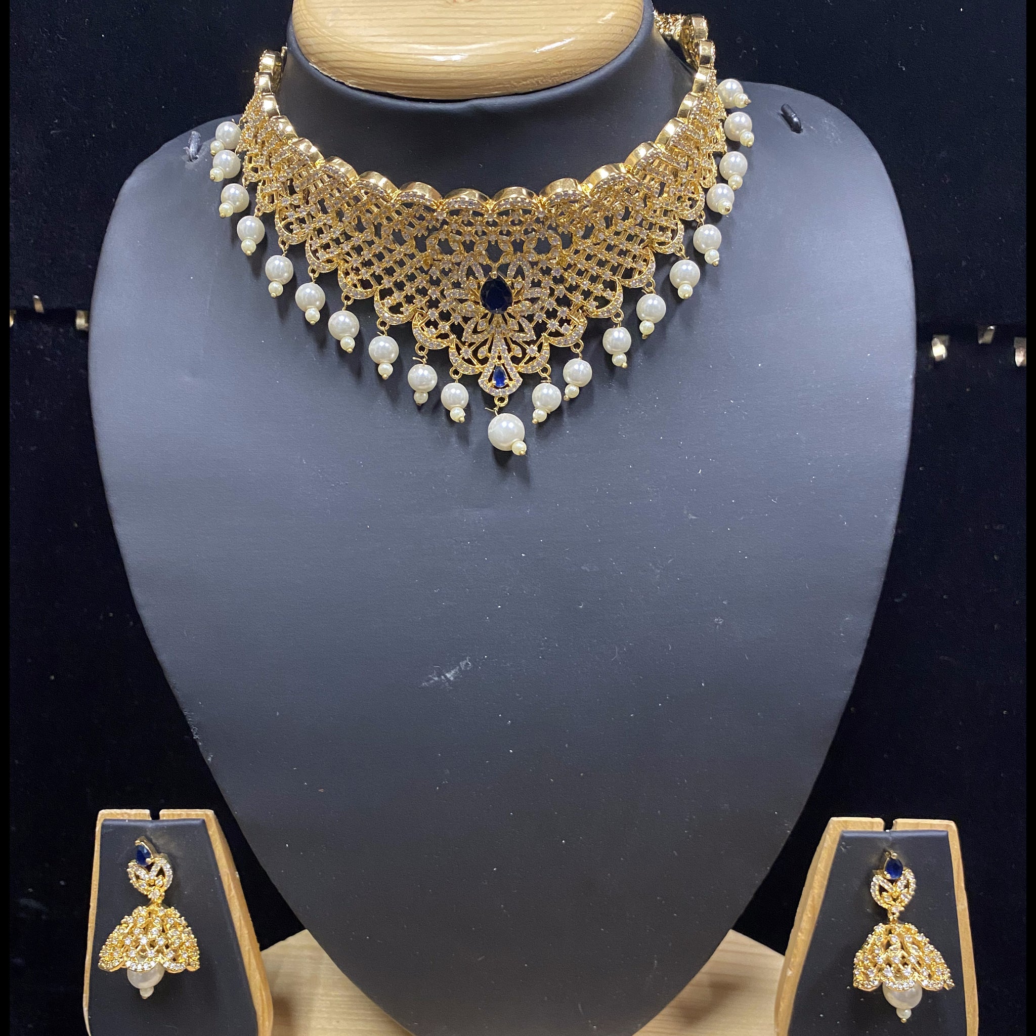 Gold Plated Sapphire Blue CZ Cubic Zirconia Artificial American Diamond Indian Wedding Bridal Necklace Earrings set Handmade Bijoux
